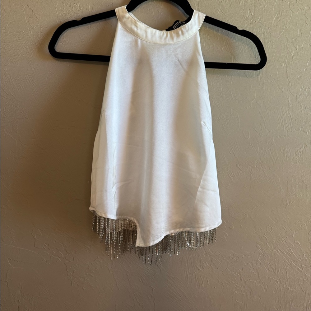 Silk white tank with rhinestone fringe